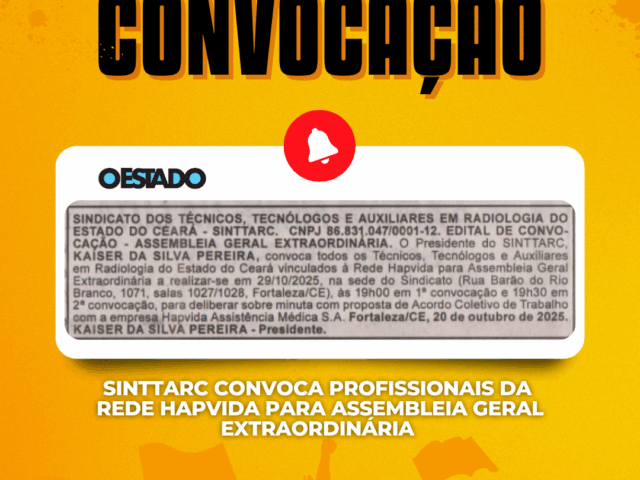 SINTTARC convoca profissionais da Rede Hapvida para Assembleia Geral Extraordinária